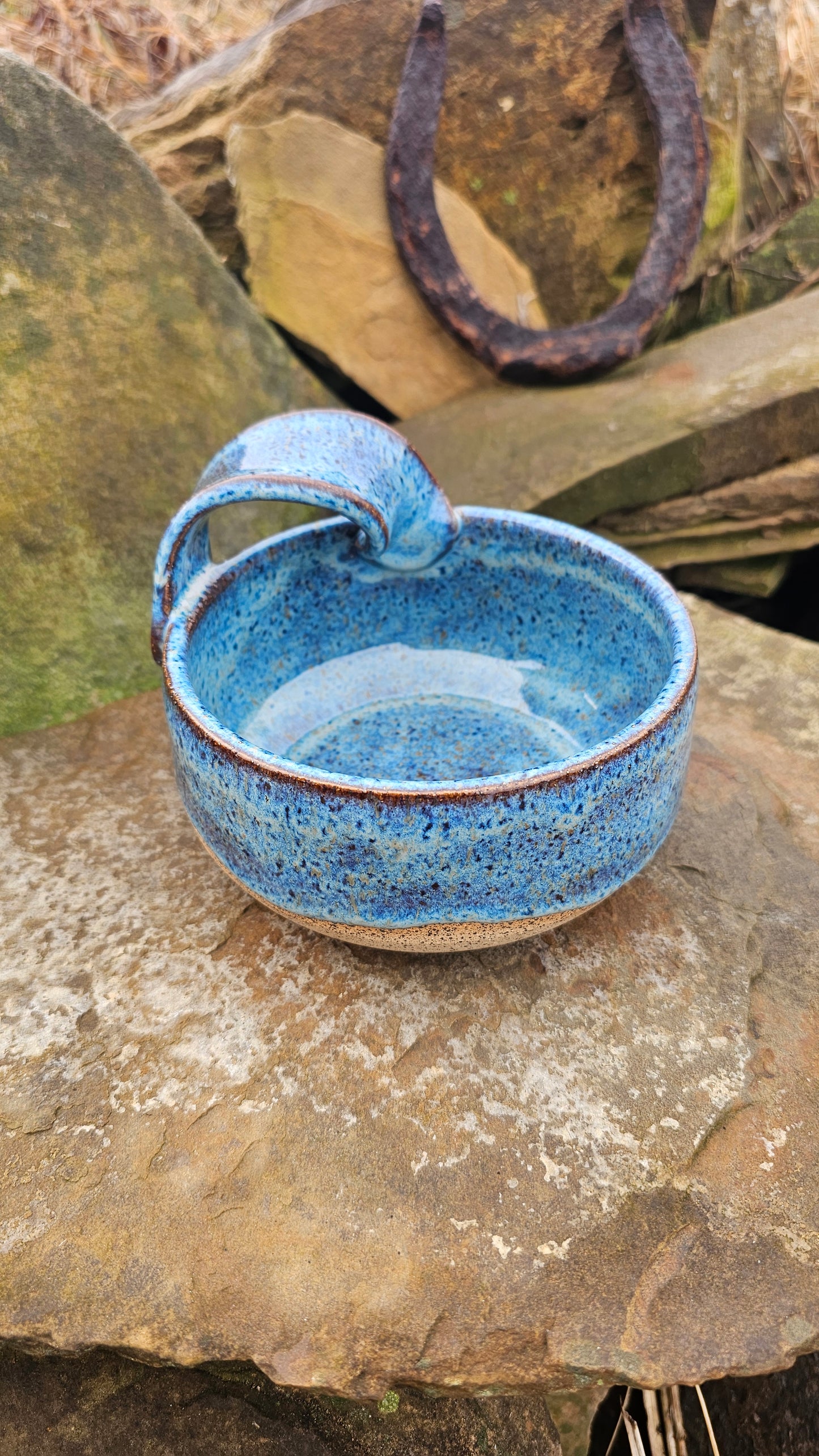 18 oz Handmade pottery thumb slide handled bowl for Left-hander